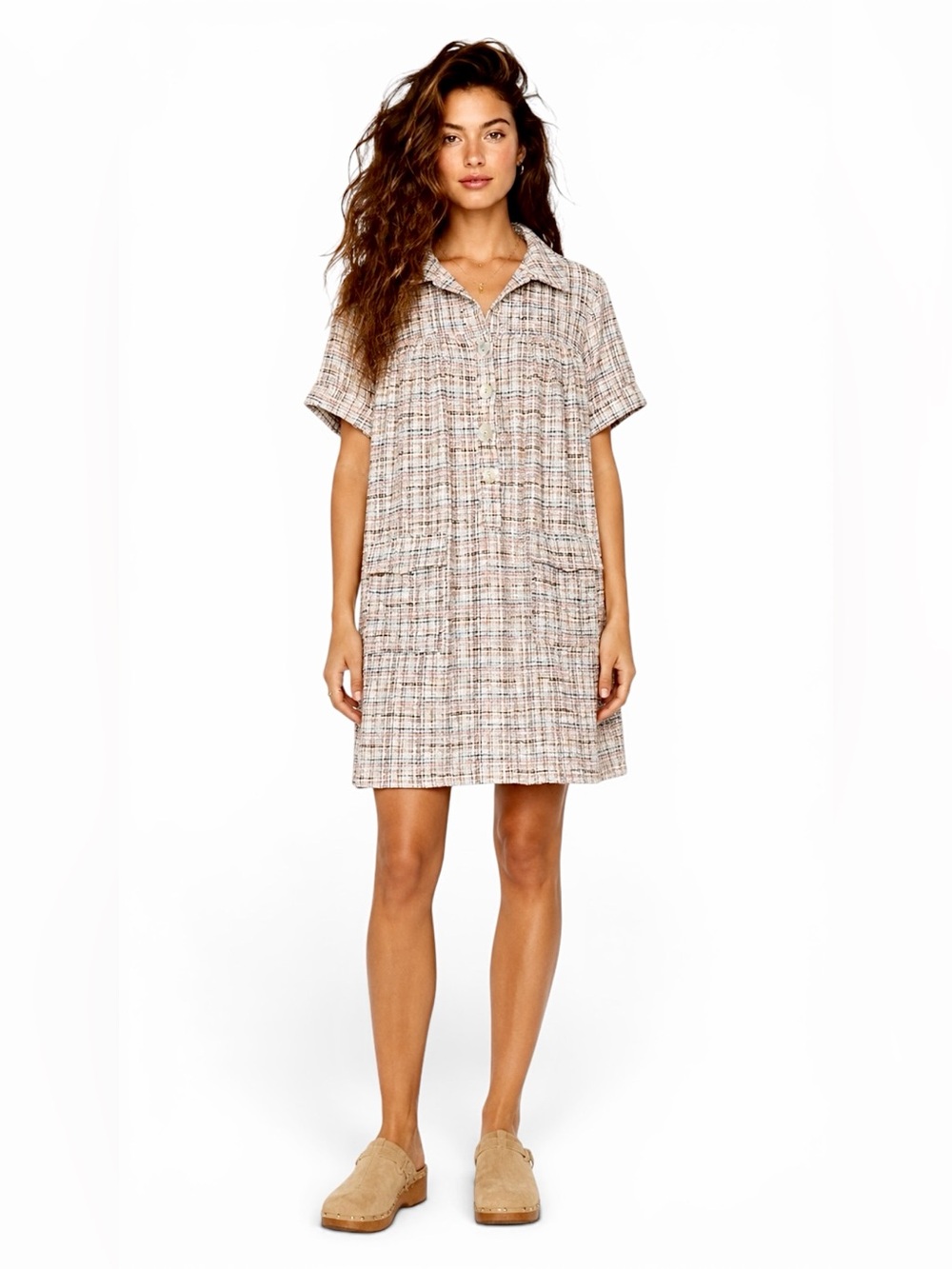 NWT – Tyler Böe – Plaid Button-Front Shift Dress – Blush Pink Multi – Sz. S